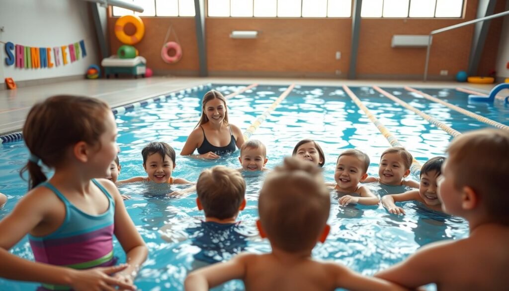 A vibrant indoor swimming facility, showcasing a modern children's swimming class in progress. In the foreground, a diverse group of children, aged 5-10, enthusiastically practicing swimming techniques under the guidance of a professional and friendly instructor. The instructor, wearing modest athletic attire, demonstrates proper strokes. The middle ground features a sparkling, well-maintained pool, with bright reflections on the water surface. In the background, large windows allow natural light to flood in, creating a warm and inviting atmosphere. The space is filled with colorful swimming floats and equipment, enhancing the cheerful mood. The angles capture the dynamic energy of the class while maintaining a clear focus on the joy and learning experience of the young swimmers.