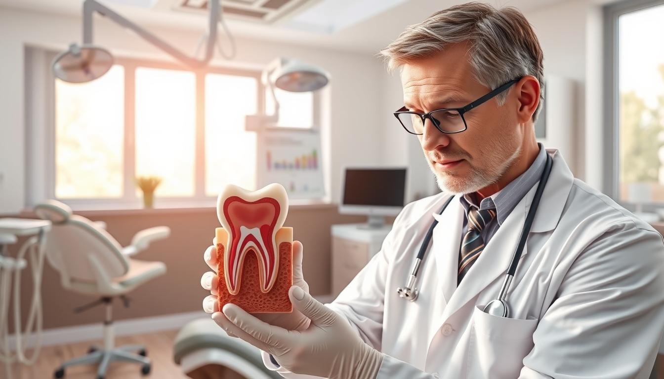 An illustrative scene depicting the concept of "Du Yagen Principle in Incremental Treatment," showcasing a knowledgeable dentist in a clean, modern dental office. In the foreground, the dentist, dressed in professional attire, is examining a detailed anatomical model of a tooth, highlighting the importance of careful treatment stages. The middle ground features dental equipment and charts that represent the stages of treatment. In the background, soft, natural light filters through large windows, creating an inviting atmosphere. The overall mood is focused and educational, emphasizing precision and care in dental treatment. The image should be bright, with warm lighting, evoking a sense of professionalism and comfort in a clinical setting.