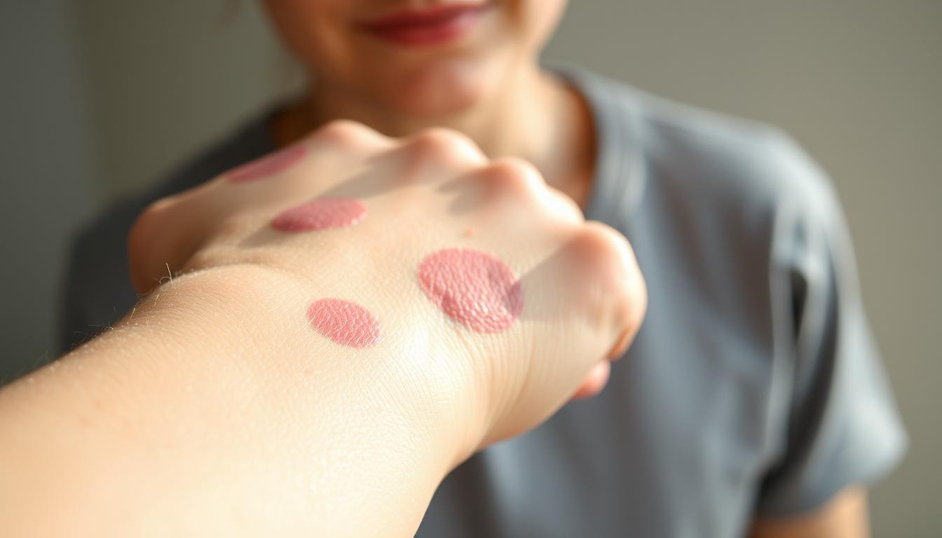 A close-up view of early eczema symptoms on human skin, focusing on a forearm displaying patches of irritated, red, and dry skin. The foreground highlights the textured skin surface, with subtle variations in color indicating inflammation and scaling. In the middle ground, a light source casts soft, natural daylight that emphasizes the skin's condition, highlighting areas of flakiness and slight swelling. The background is blurred to draw attention to the skin, creating a clinical yet empathetic atmosphere suitable for educational purposes. Ensure the subject is wearing modest clothing, with no identifying features visible, conveying a focus on the symptoms rather than the individual. The composition is clear, conveying the beginning changes associated with eczema effectively.