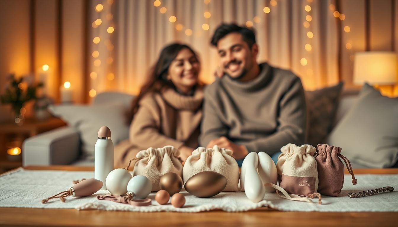 A serene and intimate setting that represents the importance of intimacy-enhancing products in relationships. In the foreground, a beautifully arranged table features various elegant and tasteful adult products, including massagers and other wellness items, all exquisitely displayed in soft fabric pouches. The middle layer showcases a couple smiling and sitting close together, dressed in cozy, modest casual clothing, conveying warmth and connection. In the background, a softly lit, romantic atmosphere with warm colors, perhaps a candle-lit ambience or soft fairy lights, enhances the feeling of intimacy and trust. The scene is captured using a shallow depth of field to focus on the couple and the products, with gentle, diffused lighting to create a harmonious and inviting mood.