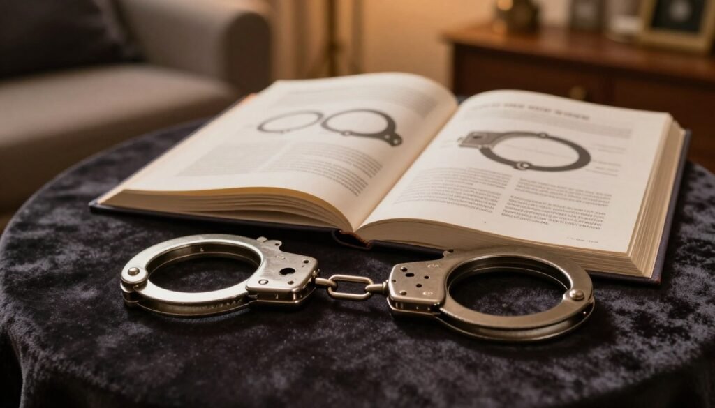 A stylish, informative scene illustrating the basics of SM handcuffs in a safe and educational context. In the foreground, a pair of professionally designed handcuffs rests on a soft, dark velvet surface, showcasing their craftsmanship and safety features. In the middle ground, an open book with detailed diagrams and safety tips about SM cuffs lies beside the handcuffs, its pages gently illuminated by warm, ambient light. In the background, a softly lit room with cozy furniture creates an intimate atmosphere. The setting feels welcoming and informative, emphasizing safety and knowledge in a romantic, cinematic vibe. The composition captures a harmonious balance, evoking curiosity and respect. The image is in a 4:3 aspect ratio.