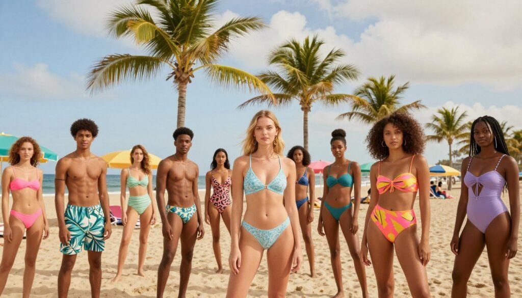 A vibrant and stylish beach scene showcasing the latest trends in swimwear design. In the foreground, a diverse group of individuals, dressed in modern and colorful swimwear, demonstrates a variety of patterns and styles, with a focus on bold prints and innovative cuts. The middle ground features a sunny shoreline with palm trees swaying gently in the breeze, and beach umbrellas in trendy colors. The background displays a clear blue sky with soft clouds, emphasizing a joyful summer vibe. Use warm, natural lighting to create a bright and inviting atmosphere, captured through a wide-angle lens to enhance the lively scene. The overall mood is cheerful and fashionable, perfect for illustrating contemporary swimwear trends.