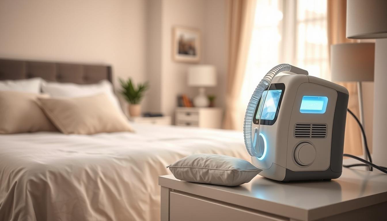 A detailed and visually engaging image showcasing protective measures for a sleep apnea machine in a home environment. In the foreground, display a clean and organized bedside table with a modern sleep apnea machine, gentle illumination highlighting its features. Include essential protective items such as a dehumidifier, moisture-absorbing packets, and a protective cover for the machine. In the middle ground, depict a cozy, well-kept bedroom with soft decor, emphasizing the importance of a dry environment. In the background, a window with sunlight filtering through sheer curtains, suggesting good ventilation. The overall mood should be calm and inviting, conveying a sense of care and maintenance for health equipment. Use soft, natural lighting to enhance the atmosphere.
