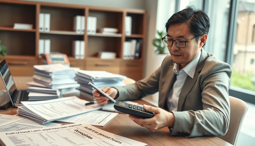 A professional office setting with a well-organized desk featuring a variety of financial documents, including a profit tax return form and audited financial statements. In the foreground, a focused businessperson, dressed in professional attire, is reviewing the paperwork with a calculator in hand, depicting attention to detail. In the middle ground, a stacked pile of tax forms and a laptop displaying financial software create an atmosphere of diligence and preparation. The background shows a softly blurred office with shelves of financial books and a large window allowing natural light to illuminate the scene, fostering a sense of clarity and professionalism. The mood is serious yet optimistic, conveying the importance of accurate financial reporting in compliance with Hong Kong tax regulations.