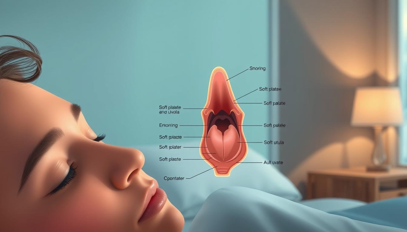 A serene and informative illustration showing the impact of snoring on health. In the foreground, a close-up of a peaceful person's face, gently sleeping, with a subtle indication of snoring. The middle layer should portray an anatomical diagram of the throat, emphasizing the soft palate and uvula, with labels for clarity, blending anatomical precision with artistic flair. In the background, a soft, calming bedroom ambiance featuring dim light from a bedside lamp, casting gentle shadows to create a tranquil atmosphere. The overall mood is serene yet informative, with a soft focus on the anatomical details to enhance comprehension of the subject, all presented in a professional and respectful manner.