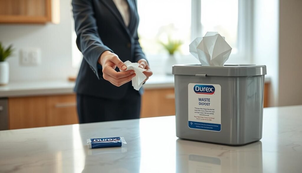 A clean, well-lit kitchen countertop is featured in the foreground, showcasing the proper disposal method for a used Durex condom. A pair of hands, dressed in professional business attire, delicately wraps the condom in tissue paper, emphasizing hygiene and care. The middle ground presents a waste bin designed for sanitary disposal, clearly labeled and placed neatly beside the countertop. In the background, soft natural light filters through a window, creating a warm and inviting atmosphere. The colors are neutral and calming, highlighting the responsibility of safe disposal. The image captures a sense of professionalism and hygiene, reinforcing modern health standards in home environments.