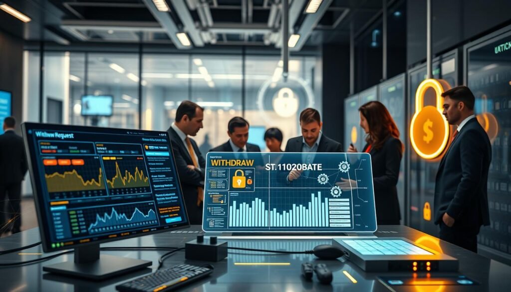 A detailed, high-tech visualization of a financial transaction system, illustrating the automated withdrawal process in an online gaming environment. In the foreground, sleek, futuristic user interfaces display graphs and metrics related to withdrawal requests, featuring bright, engaging colors. In the middle ground, a diverse team of professionals in business attire collaborates over a digital screen, analyzing data flow and ensuring security protocols. The background showcases a modern office space with sophisticated technology, highlighting elements like glowing servers and digital locks to symbolize security and efficiency. Soft, diffused lighting enhances a serious yet innovative mood, while a sharp focus captures the dynamic interaction between team members and technology, emphasizing their commitment to fast and secure transactions.