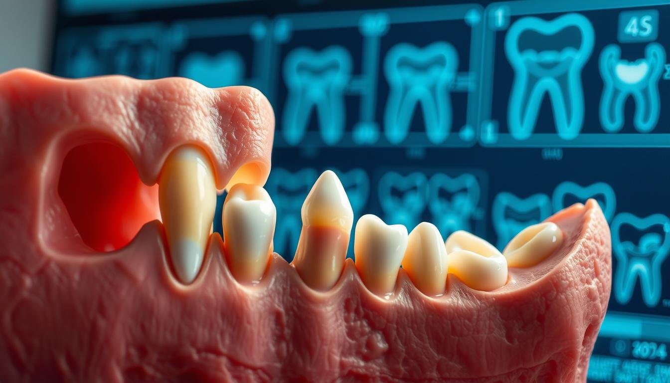 A detailed illustration showcasing the growth process of wisdom teeth, focusing on the stages of eruption and development. In the foreground, show close-up views of the dental anatomy, highlighting the wisdom teeth emerging through the gums, with clear differentiation between impacted and healthy teeth. The middle ground should depict a human jaw, with realistic textures and colors, emphasizing the gums and surrounding teeth. In the background, include faint diagrams of dental x-rays to illustrate the various growth stages. Use soft, natural lighting to create a clinical and informative atmosphere, ideally captured with a macro lens to emphasize the details. The overall mood should be educational and clear, aimed at providing a visual understanding of wisdom teeth growth.