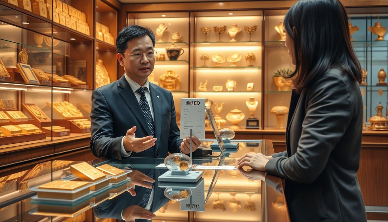 A detailed scene in a Taiwanese gold shop, showcasing the transaction process of buying gold in "兩" units. In the foreground, a focused shopkeeper in a professional business attire is explaining to a customer, who is dressed in smart casual clothing, the current price of one "兩" of gold in TWD. Display gold bars and coins on a polished glass counter, reflecting warm lighting. In the middle, a price list is subtly visible, alongside small scales used for weighing gold. The background features shelves lined with gold jewelry and decorative elements typical of a Taiwanese gold shop. The overall atmosphere is welcoming yet professional, with soft lighting creating a sense of trust and transparency in the transaction.