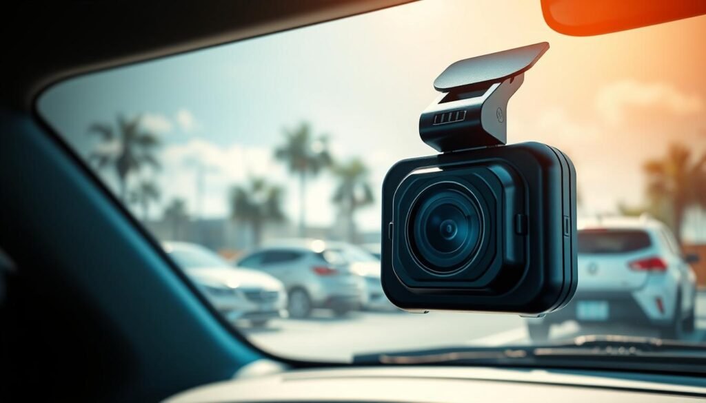 A highly detailed and realistic image of a high-specification dashcam with a UV-resistant casing, prominently displayed in the foreground. The dashcam's sleek design showcases its advanced features, with reflections of sunlight highlighting its durability. In the background, a sunny outdoor parking lot with vehicles parked under the harsh sun conveys the context of heat exposure, emphasizing the importance of the dashcam's protective qualities. The scene is illuminated by strong, natural sunlight to enhance the UV protection theme, while the camera maintains a focus on the dashcam itself, capturing intricate details such as texture and color. The overall atmosphere is bright and professional, illustrating cutting-edge technology in automotive safety.
