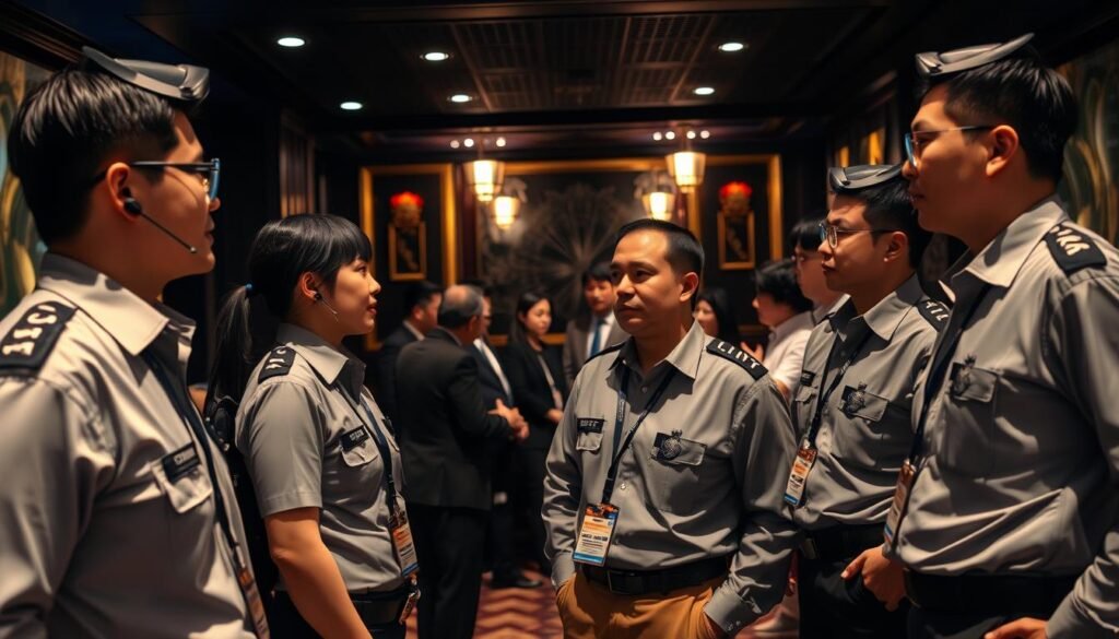 A highly organized security team at a Taipei hotel KTV, depicted in a professional and attentive manner. In the foreground, several well-dressed security personnel with earpieces and badges stand alert, displaying a sense of vigilance and readiness. In the middle ground, a group of team members communicates and strategizes, showcasing teamwork in addressing potential conflicts. The background features the stylish interior of the hotel KTV, with dim elegant lighting casting a warm ambiance, emphasizing an atmosphere of professionalism and safety. The scene captures a sense of urgency and seriousness, emphasizing the role of the security team in emergency situations, shot from a slightly elevated angle to provide depth.