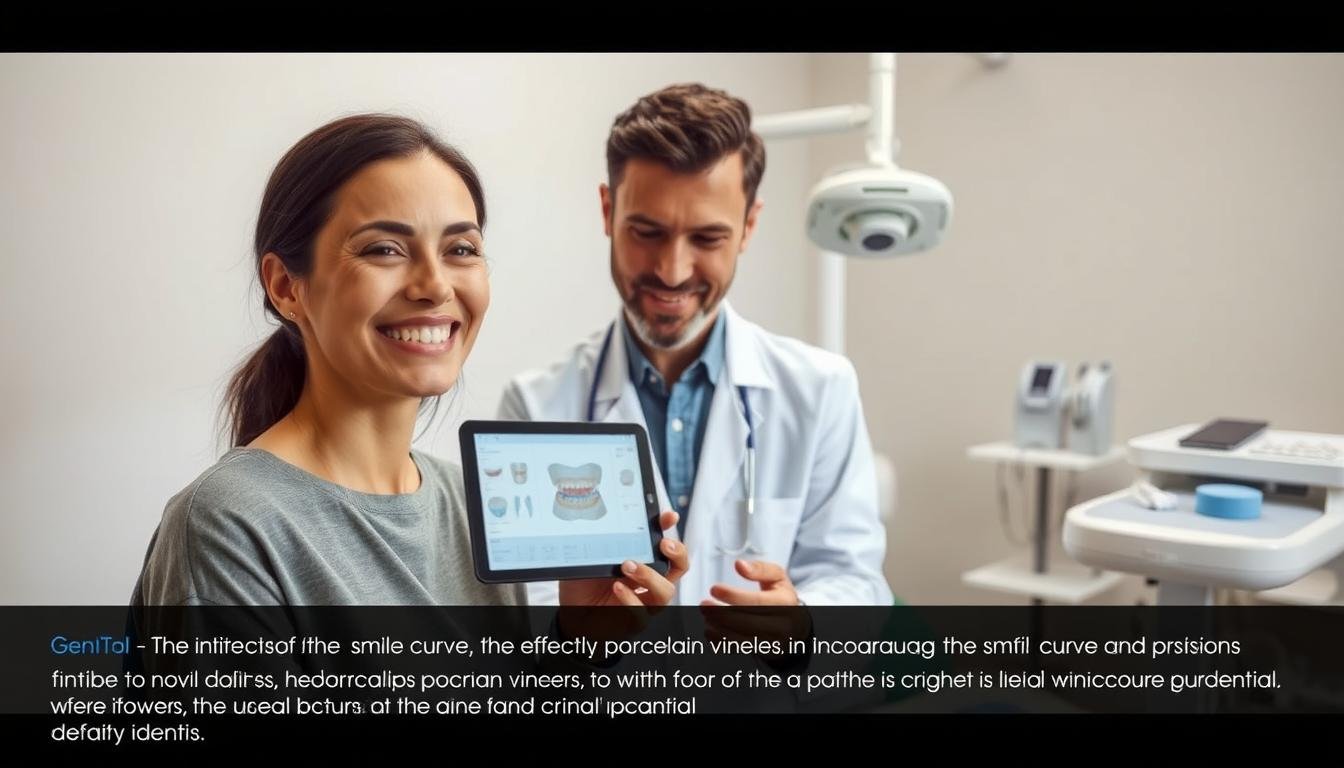 A professional dental consultation scene showcasing a dental specialist examining a patient’s smile and facial structure. In the foreground, the patient, dressed in modest casual clothing, reveals a slight smile, highlighting their dental condition with a focus on the teeth. The dental specialist, in a white coat, uses a digital tablet displaying dental diagrams and a 3D model of a smile arc. In the middle ground, there’s a dental chair and an array of dental tools neatly organized. The background features an examination room with soft lighting, emphasizing a calm and professional atmosphere. Capture the intricacies of the smile curve and the effectiveness of porcelain veneers in a subtle, informative manner. Use natural lighting to enhance the colors and create a reassuring ambiance.