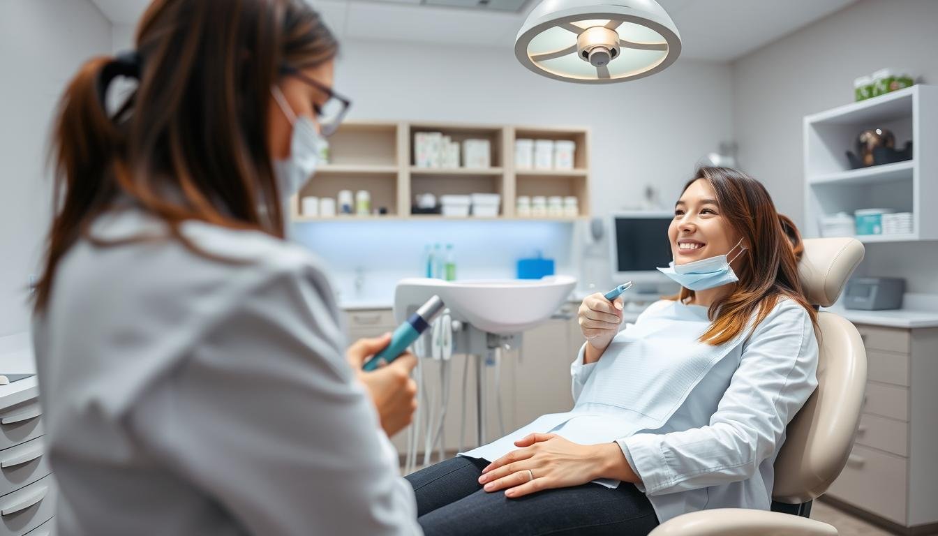 A professional dental office setting, showcasing a dental hygienist in a white coat, expertly performing a teeth cleaning procedure on a patient in a dental chair. The foreground features the hygienist using modern dental tools, while the patient, comfortably seated and relaxed, wears a dental bib. In the middle ground, a dental chair and various dental instruments are visible, and an overhead light casts a soft, even illumination. The background includes shelves with dental products and a sterile environment, emphasizing cleanliness and professionalism. The mood is calm and reassuring, conveying the importance of dental health and the role of treatment costs in a healthcare context. The image should avoid any textual elements, maintaining focus on the professional interaction and environment.