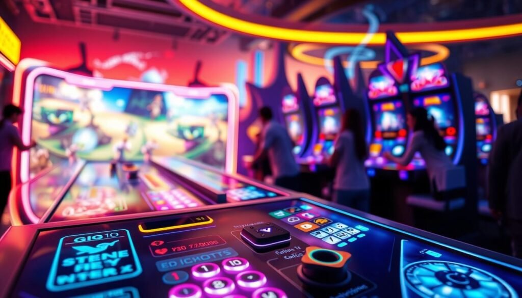 A vibrant and dynamic gaming interface depicting the "3A Entertainment City" experience. In the foreground, showcase a sleek user interface with interactive buttons and game icons, all designed with modern, colorful graphics that attract the eye. The middle section features engaging game characters and backgrounds, illuminated by bright ambient lighting that conveys excitement and energy. In the background, suggest a digital landscape with abstract, futuristic designs, emphasizing the technological aspect. The scene should be lively, with a fun and engaging atmosphere, using a slightly elevated angle to give a clear view of the gaming actions. Ensure the image remains focused on the gaming interface without any text, logos, or distractions.