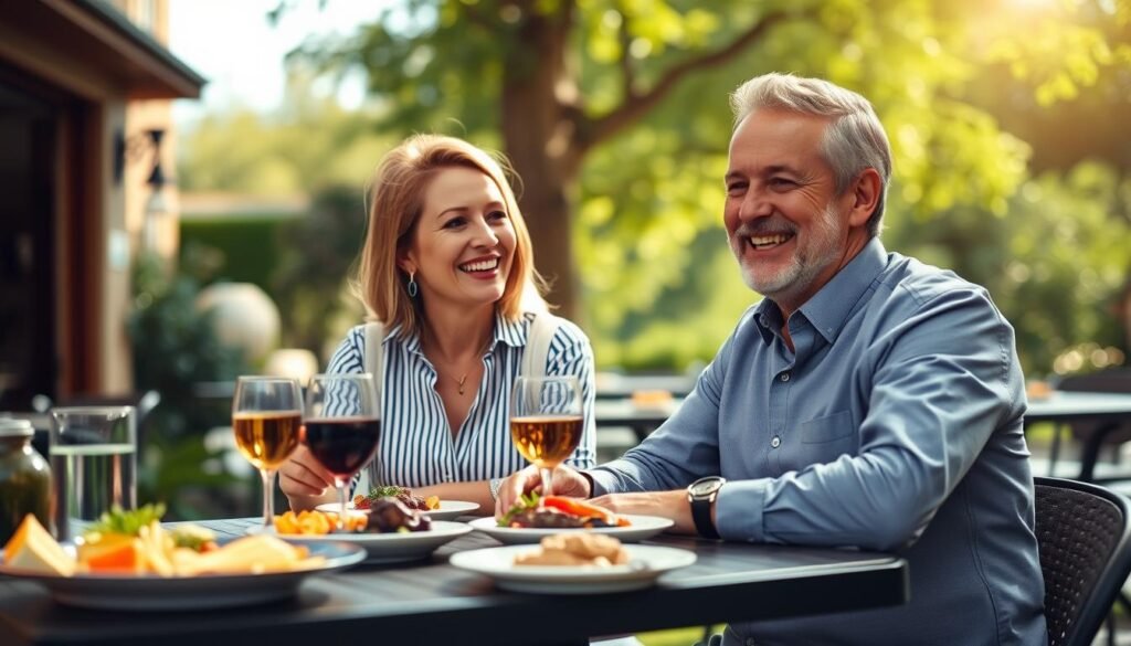 A vibrant and uplifting scene showcasing a middle-aged man and woman enjoying a sunny outdoor café, conveying the improved quality of life from dental implants. In the foreground, the couple is smiling, engaging in a conversation, with the man confidently displaying his healthy smile. The woman is dressed in smart casual attire, while the man wears a professional business shirt. The middle ground includes a beautifully arranged table with appetizing plates of food and drinks, symbolizing social connection and enjoyment. The background features lush greenery and soft, natural light filtering through trees, creating a warm, inviting atmosphere. Use a shallow depth of field to emphasize the couple in focus, with a bokeh effect enhancing the serenity of the outdoor setting.