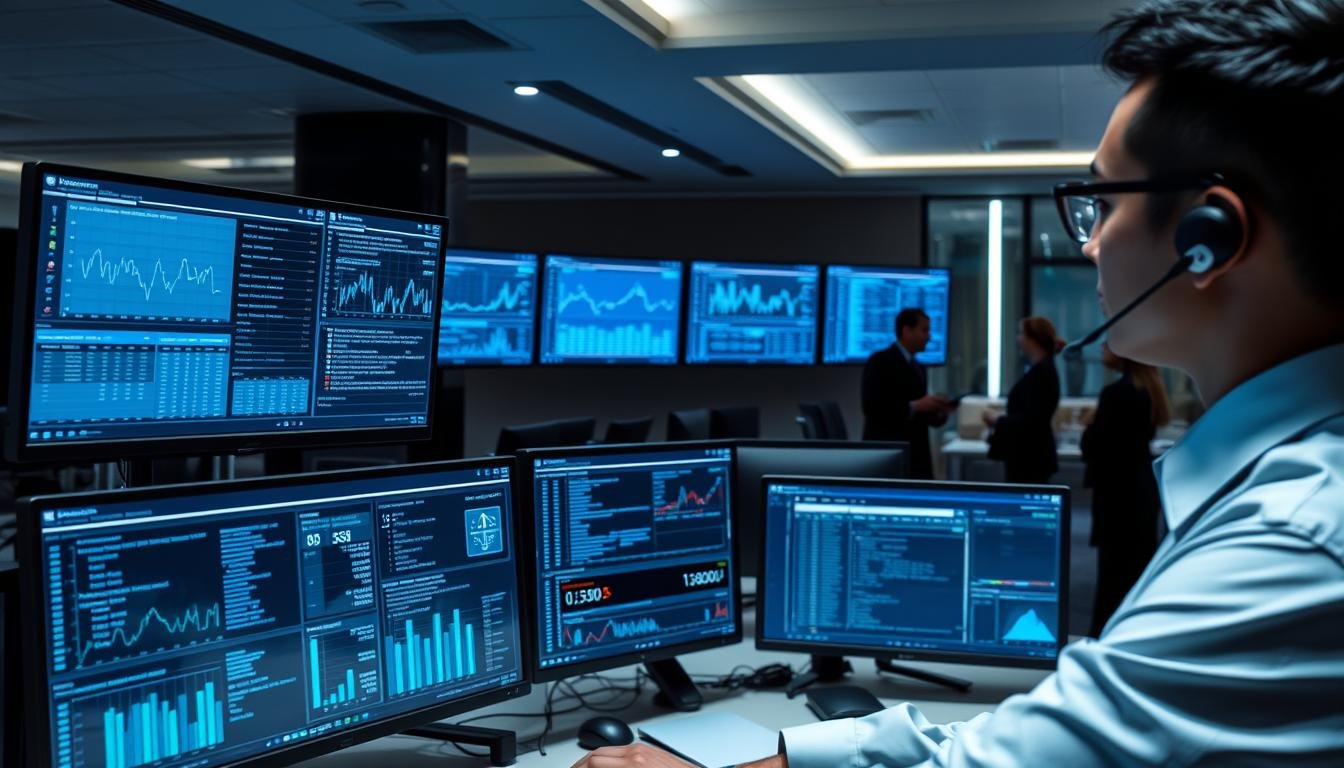 A virtual office environment with a focus on the backend of UG Entertainment, showcasing monitors displaying detailed historical logs and analytics related to member connection issues. In the foreground, a professional customer service representative in business attire, attentively analyzing data on a large screen, with soft lighting highlighting their concentration. The middle layer features multiple computer screens with graphs, connection statistics, and log entries, all bathed in a cool blue hue to signify technology and data analysis. In the background, a sleek, modern office space with faint silhouettes of colleagues discussing matters, creating a collaborative atmosphere. The overall mood conveys professionalism, diligence, and the importance of data in decision-making.