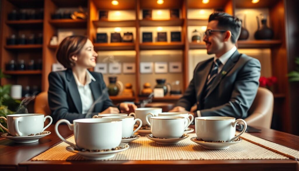 A cozy tea setting depicting a quality interaction during a tea tasting session, emphasizing professionalism. In the foreground, a beautifully arranged tea set with delicate porcelain cups, vibrant tea leaves, and steaming cups creates an inviting atmosphere. In the middle, two individuals in professional business attire engage in conversation, showing attentive body language and a shared smile, exuding warmth and connection. The background features a softly lit room with wooden shelves filled with various tea assortments, enhancing the ambiance. Use warm lighting to create a cinematic vibe, capturing the essence of a respectful and genuine dialogue in a serene environment. The image should evoke a sense of intimacy and trust, suitable for illustrating critical tea tasting interactions.