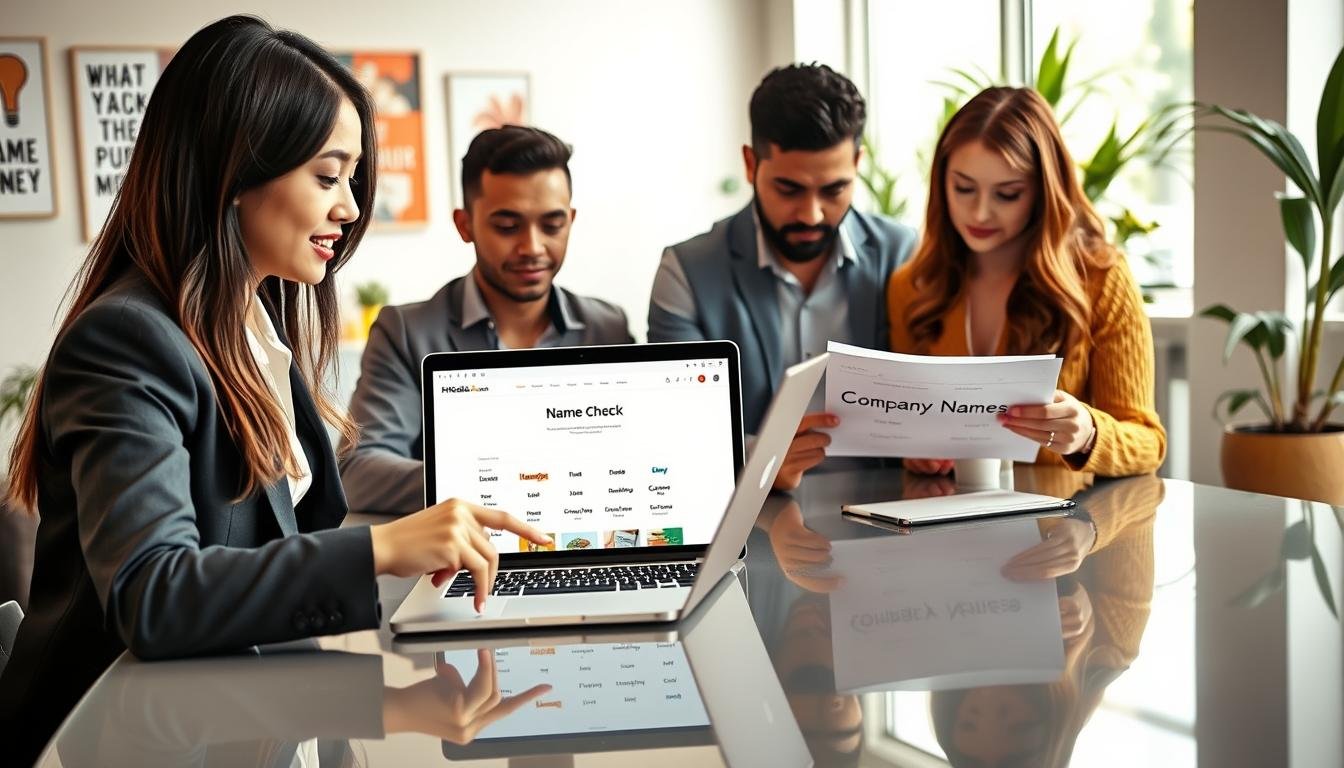 A focused business scene featuring a diverse group of young entrepreneurs engaged in a lively discussion around a sleek, modern table. The foreground shows a professional-looking young Asian woman in business attire, pointing at a laptop displaying a name-checking webpage. In the middle ground, a young Black man in casual yet smart attire takes notes on a notepad, while a Hispanic woman peers thoughtfully at a printed document with company names. In the background, a bright and inviting office space with motivational posters and plants adds a warm atmosphere, illuminated by soft, natural lighting coming through large windows. The overall mood is energetic and collaborative, encapsulating the excitement of starting a business while also addressing the importance of name approval.