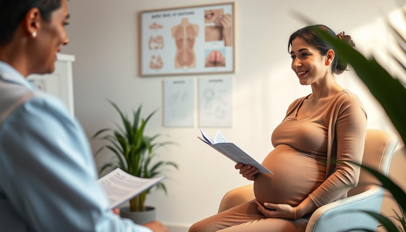 A pregnant woman in a serene, softly lit medical office, contemplating her options for removing skin tags. She is dressed in comfortable, modest clothing, sitting in a professional-looking chair that aligns with her calm demeanor. In the foreground, a medical professional with a warm expression is discussing treatment options with her, holding informative materials about safe removal methods during pregnancy. The background features medical diagrams illustrating skin conditions, framed softly by plants that bring a touch of tranquility. The lighting is soft and warm, capturing a soothing atmosphere of care and professionalism, emphasizing the safety and well-being of both mother and baby.