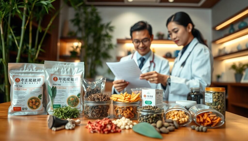 A serene and informative depiction of traditional Chinese medicine in Hong Kong, focusing on herbal remedies and their associated costs. In the foreground, a well-organized wooden table displays various traditional Chinese herbs and medicine packages, showcasing their vibrant colors and textures. In the middle, a knowledgeable practitioner in professional attire examines a prescription document, their expressions conveying expertise and care. The background features a calming clinic environment, with bamboo plants and soft, ambient lighting that enhances the peaceful atmosphere. The scene is framed with a subtle depth of field, emphasizing the foreground elements while softly blurring the background. The overall mood should be one of tranquility and professionalism, illustrating the importance of herbal medicine costs in Hong Kong.