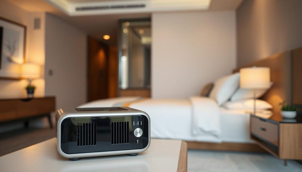 A well-designed hotel room interior featuring a sleep apnea machine placed strategically on a bedside table. In the foreground, the sleek, modern sleep apnea device is shown clearly with visible air intake vents unobstructed. The mid-ground showcases an inviting hotel bed, adorned with soft linens and minimalist décor, emphasizing a cozy atmosphere. In the background, there are gentle ambient lights creating a warm, relaxing glow, enhancing the peaceful setting. The room should have a professional look, with no human subjects present, ensuring focus remains on the machine and its appropriate placement. Use soft, diffused lighting to create a serene and tranquil mood, highlighting the importance of proper positioning for optimal functionality.