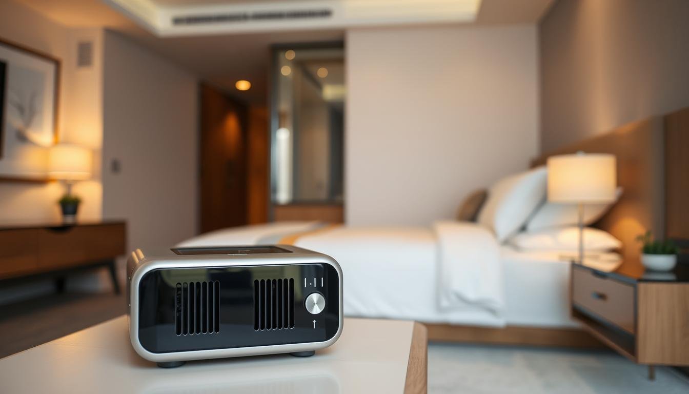 A well-designed hotel room interior featuring a sleep apnea machine placed strategically on a bedside table. In the foreground, the sleek, modern sleep apnea device is shown clearly with visible air intake vents unobstructed. The mid-ground showcases an inviting hotel bed, adorned with soft linens and minimalist décor, emphasizing a cozy atmosphere. In the background, there are gentle ambient lights creating a warm, relaxing glow, enhancing the peaceful setting. The room should have a professional look, with no human subjects present, ensuring focus remains on the machine and its appropriate placement. Use soft, diffused lighting to create a serene and tranquil mood, highlighting the importance of proper positioning for optimal functionality.