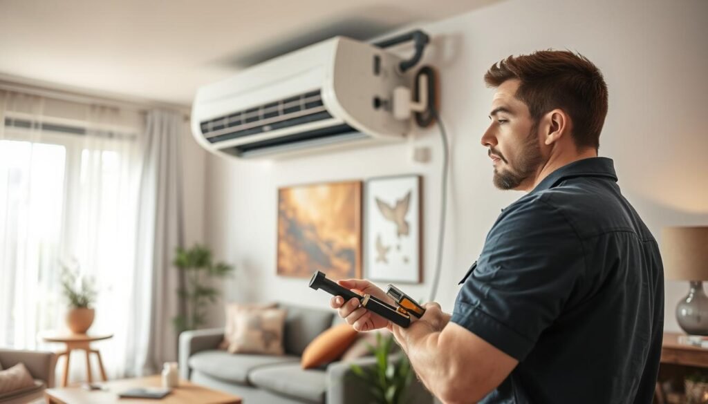 A detailed scene depicting an air conditioning unit being installed in a modern residential living room. In the foreground, a technician in a professional uniform is carefully examining the unit's installation while holding a tool. In the middle layer, the air conditioning unit is mounted on the wall, surrounded by visible pipes and electrical connections, adding to the atmosphere of a complex installation process. The background features a cozy living space with furniture and decorative items, showcasing a warm and inviting environment. The lighting is bright and natural, illuminating the technician's focused expression. The composition should evoke a sense of professionalism and expertise in home improvement, emphasizing the nuances of air conditioning installation.