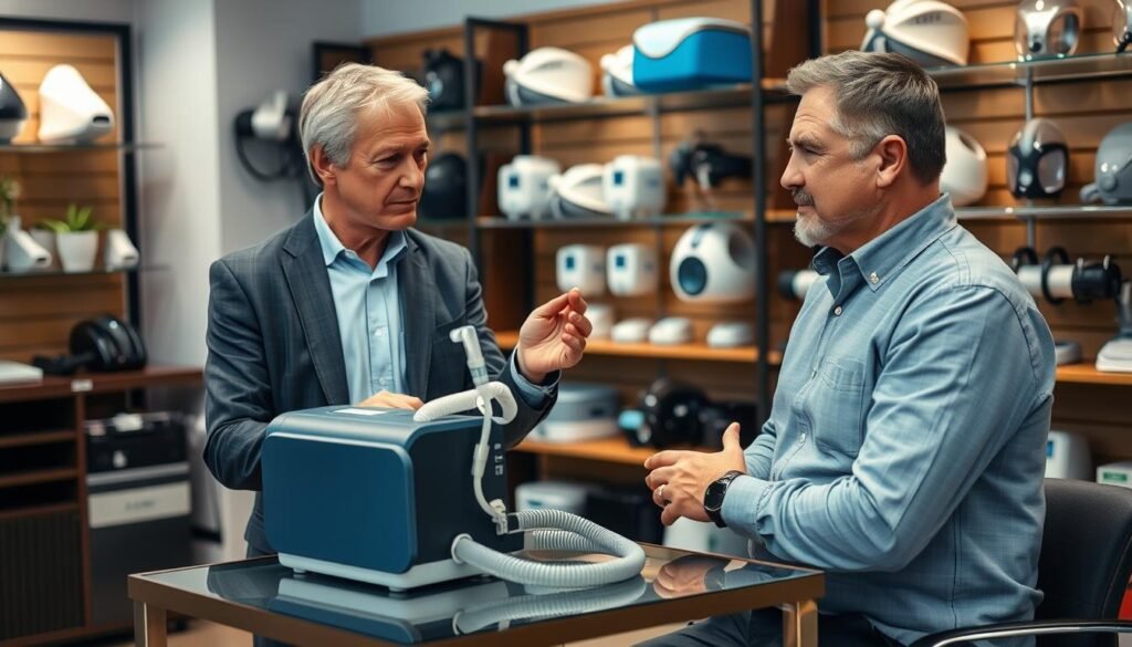 A professional consultant is guiding a middle-aged man in trying on a sleep apnea mask at a medical equipment store. The consultant, wearing business attire, is attentively showing the features of the device while the man, dressed in comfortable casual clothing, looks intrigued and slightly apprehensive. In the foreground, the focus is on their engaged expressions and the sleep apnea machine resting on a stylish display table. In the middle background, shelves are filled with various respiratory equipment, creating a medical yet inviting ambiance. Soft, diffused lighting bathes the scene, enhancing the professionalism and warmth of the consultation environment. The atmosphere is calm and informative, emphasizing the importance of trying the device before purchase.