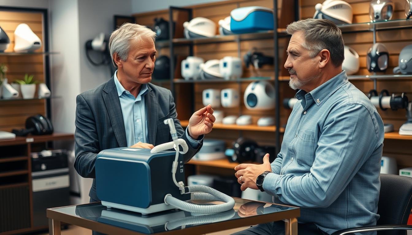 A professional consultant is guiding a middle-aged man in trying on a sleep apnea mask at a medical equipment store. The consultant, wearing business attire, is attentively showing the features of the device while the man, dressed in comfortable casual clothing, looks intrigued and slightly apprehensive. In the foreground, the focus is on their engaged expressions and the sleep apnea machine resting on a stylish display table. In the middle background, shelves are filled with various respiratory equipment, creating a medical yet inviting ambiance. Soft, diffused lighting bathes the scene, enhancing the professionalism and warmth of the consultation environment. The atmosphere is calm and informative, emphasizing the importance of trying the device before purchase.