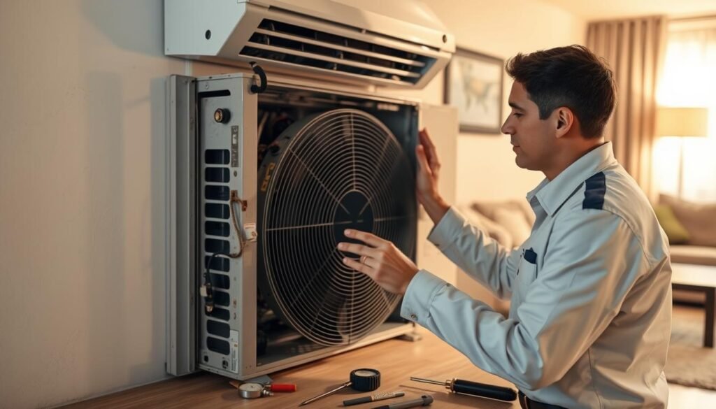 A professional technician wearing a clean uniform is inspecting a malfunctioning air conditioning unit in a modern home setting. The technician is focused on the unit, which has visible signs of wear and is partially disassembled. Tools like a gauge and screwdriver are spread out on a nearby work table. The ambient light is bright and warm, illuminating the room, while a slight shadow falls on the floor from the AC unit. In the background, you can see a cozy living room with comfortable furniture, enhancing the mood of a home in need of urgent repair. The overall atmosphere conveys professionalism and urgency, highlighting the importance of immediate air conditioning maintenance service.