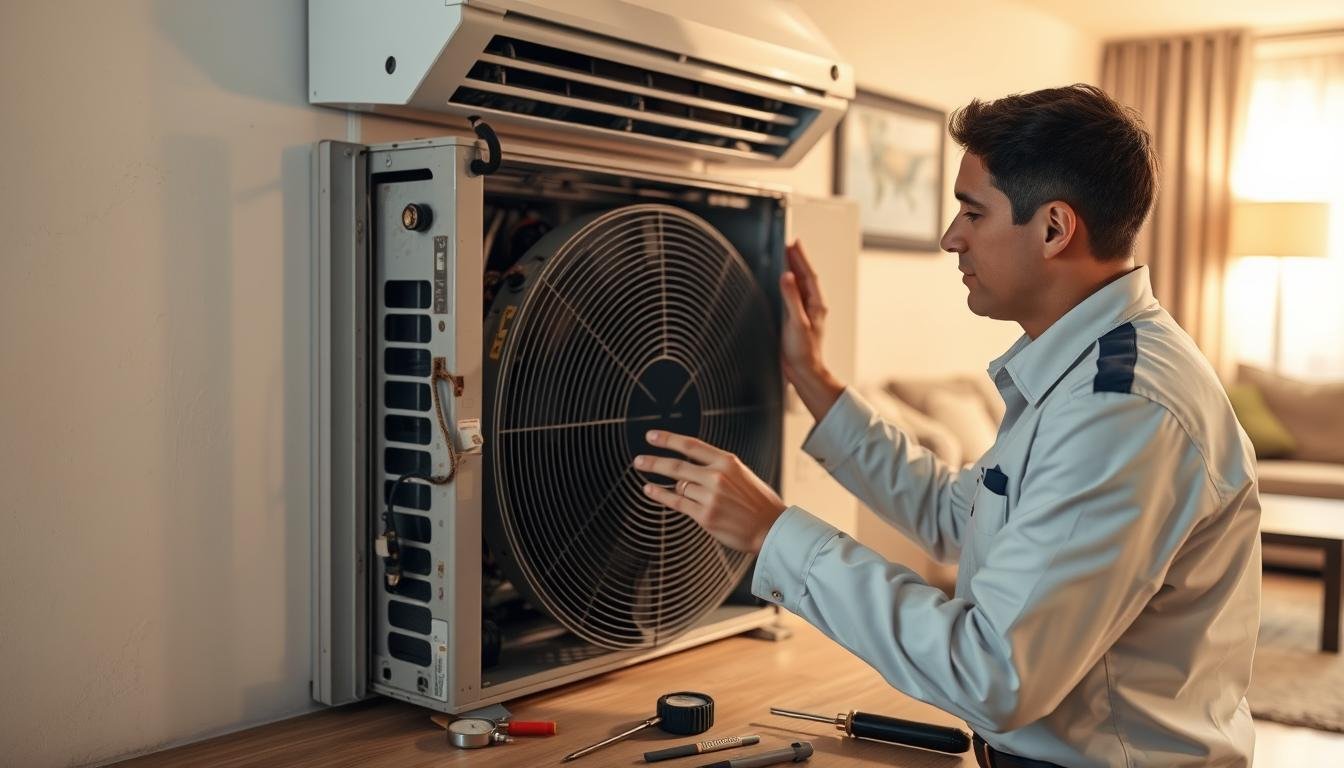 A professional technician wearing a clean uniform is inspecting a malfunctioning air conditioning unit in a modern home setting. The technician is focused on the unit, which has visible signs of wear and is partially disassembled. Tools like a gauge and screwdriver are spread out on a nearby work table. The ambient light is bright and warm, illuminating the room, while a slight shadow falls on the floor from the AC unit. In the background, you can see a cozy living room with comfortable furniture, enhancing the mood of a home in need of urgent repair. The overall atmosphere conveys professionalism and urgency, highlighting the importance of immediate air conditioning maintenance service.