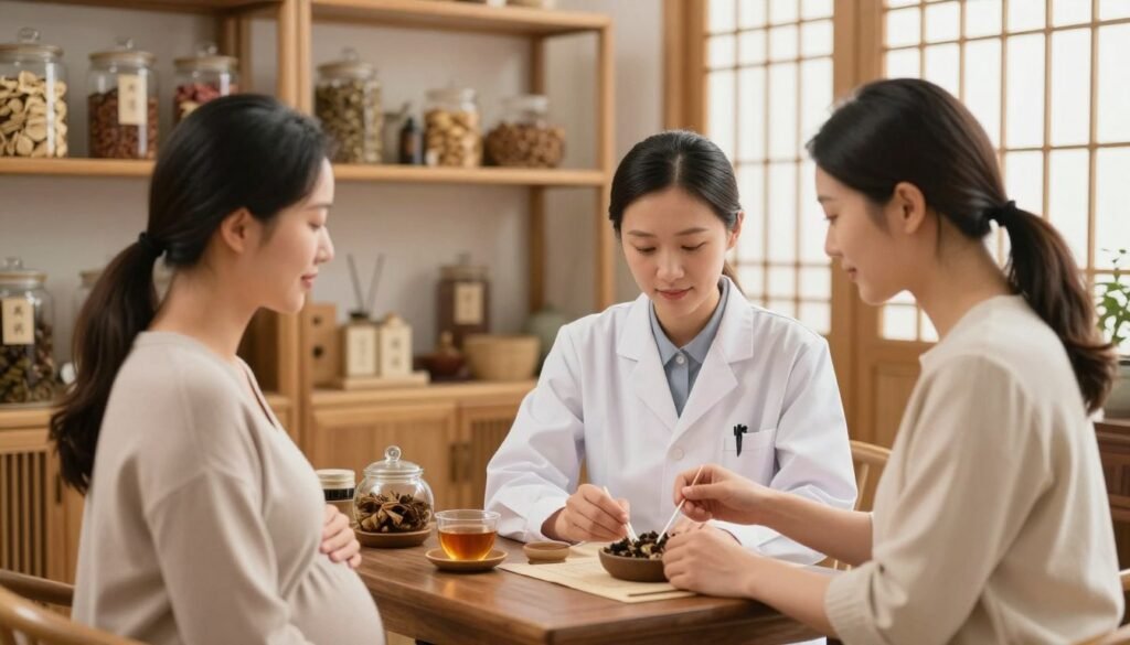A serene and inviting traditional Chinese medicine clinic specifically focused on gynecology. In the foreground, a calm, professional female practitioner in modest, professional attire interacts warmly with a pregnant woman, who appears relaxed and hopeful. The practitioner uses herbal remedies and acupuncture tools, emphasizing the holistic approach to maternal care. In the middle ground, shelves filled with herbal medicine jars and soothing elements like calming teas and essential oils create a nurturing environment. The background shows soft lighting filtering through shoji screens, enhancing the tranquil atmosphere. The overall mood is one of support and wellness, highlighting the benefits of traditional Chinese medicine for high-risk pregnancies and overall maternal health. The composition is balanced, with a focus on the connection between practitioner and patient, capturing a moment of care and professionalism in gynecology.