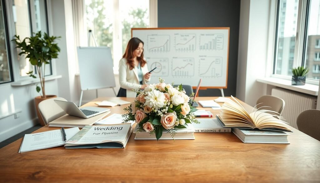 A beautifully arranged wedding planning scene set in a bright, modern office. In the foreground, a couple, dressed in professional business attire, is discussing details over a large wooden table filled with notebooks, a laptop, and wedding planning materials. The middle layer features an elegant bouquet of flowers and various wedding resource books, symbolizing the preparation for a wedding. In the background, a whiteboard with hand-drawn charts and graphs illustrating "聘金行情" and budget planning stands prominently. Soft, natural light streams through large windows, creating an inviting and warm atmosphere, perfect for collaborative discussions. The image conveys a mood of professionalism, anticipation, and thoughtful planning.