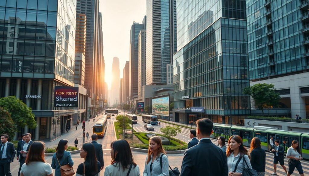 A modern office building in Hong Kong, showcasing a bustling urban environment with professionals commuting. In the foreground, a diverse group of people in business attire are engaged in conversation, emphasizing collaboration. The middle ground features sleek glass structures of premium office spaces, with signs indicating "For Rent" and "Shared Workspace" prominently displayed. Background elements include iconic Hong Kong skyscrapers, busy streets with trams and buses, and green public spaces, creating a vibrant city scene. Soft, natural lighting during the golden hour casts a warm glow, highlighting the architectural details and urban aesthetics. The atmosphere is energetic and professional, inviting viewers to consider the conveniences of office rentals in the city.
