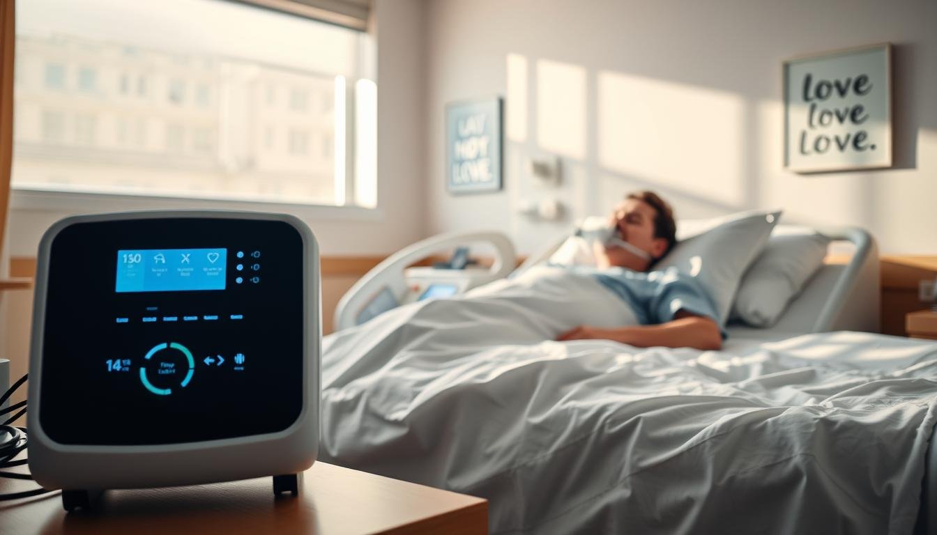 A serene hospital room designed for patients with neuromuscular diseases. In the foreground, a modern sleep respirator sits on a bedside table, displaying a digital interface with gentle blue lights. In the middle, a patient lies comfortably in a hospital bed, wearing modest, comfortable clothing, and using a nasal mask linked to the respirator. Soft, warm lighting bathes the room, creating an atmosphere of comfort and care. A window in the background lets in natural light, casting gentle shadows on the walls adorned with motivational art. The overall scene conveys a sense of hope and advanced medical technology, emphasizing the importance of respiratory support in patient care.