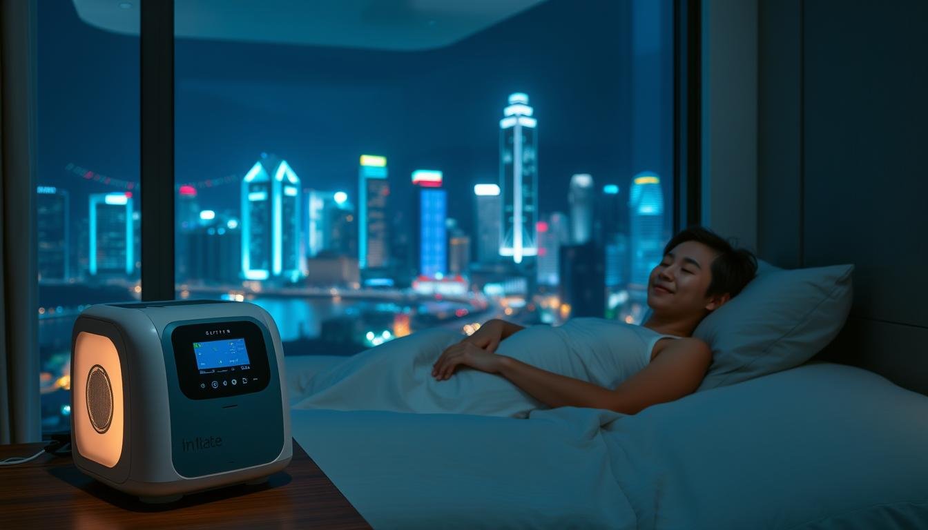 A serene night scene of Hong Kong, showcasing a modern bedroom with a sleep apnea machine prominently placed on a bedside table. In the foreground, the sophisticated device features soft, ambient lighting that highlights its sleek design. In the middle ground, a peaceful individual in modest sleepwear lies comfortably in bed, with a slight smile, enjoying a rejuvenating night's sleep. The background captures the city's skyline, with vibrant neon lights and bustling streets, illuminated against a dark sky, reflecting a sense of tranquility amidst urban life. The overall atmosphere is calm and hopeful, emphasizing the positive impact of technology on respiratory health. The image should use soft, cool lighting to convey a restful mood, as if viewed through a soft-focus lens for added comfort.