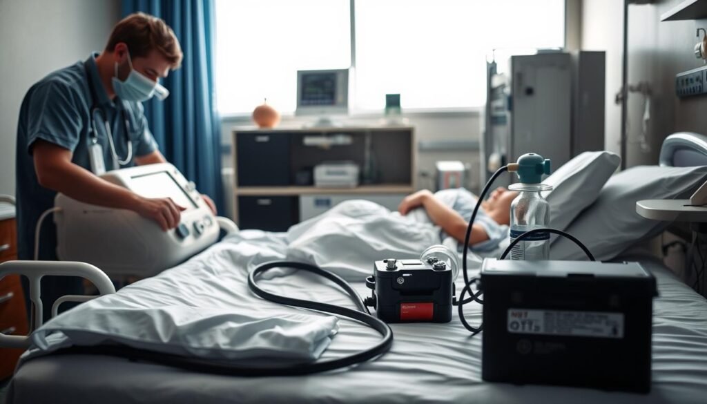 A well-organized hospital room with a focus on a bedside with a sleeping breathing machine. In the foreground, a healthcare professional in professional attire is checking the machine's settings and preparing a manual breathing assistance device, ensuring readiness for a power outage. In the middle ground, various emergency equipment like a portable oxygen tank and backup batteries are neatly arranged, emphasizing preparedness. The background shows a serene hospital environment with soft lighting, highlighting the importance of calmness during emergencies. The atmosphere conveys a sense of urgency and responsibility, capturing the critical steps taken to prepare for unexpected situations. The composition should be viewed from a slightly elevated angle to provide a comprehensive view of the scene.